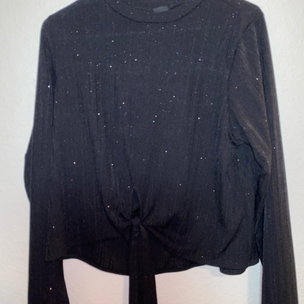 Long sleeve glitter, tie front sweater